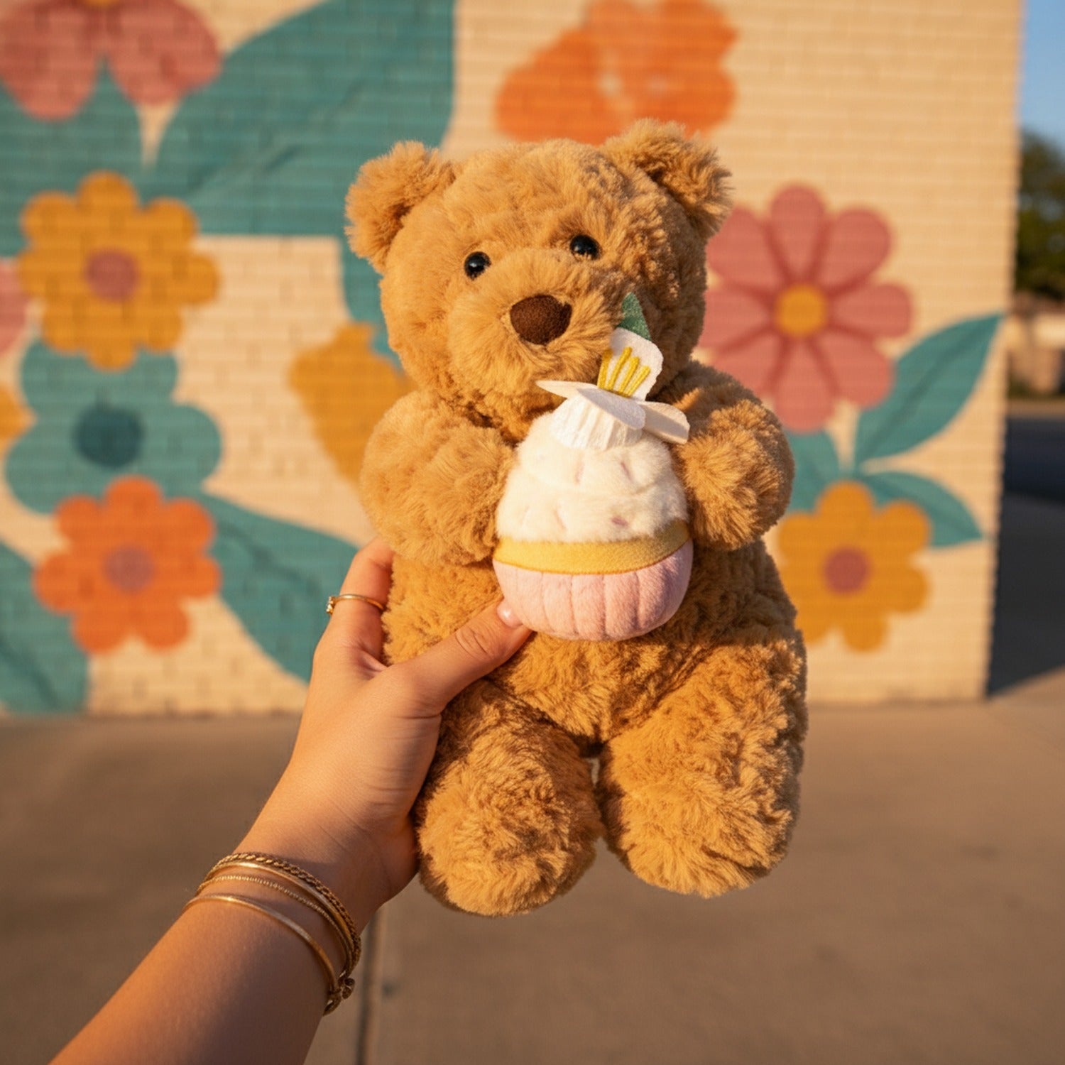 Tan Teddy Bear Plush With Birthday Cupcake
