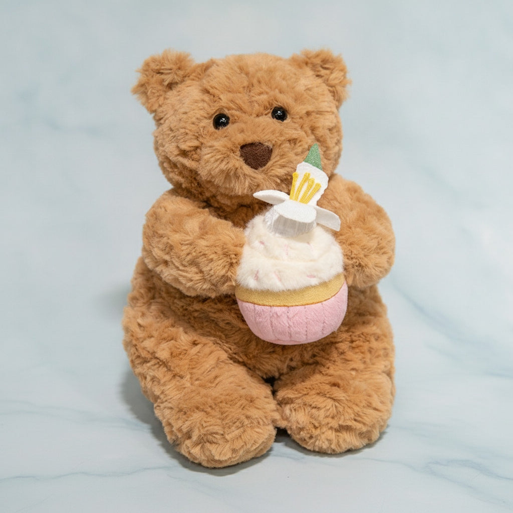 Tan Teddy Bear Plush With Birthday Cupcake – novelty & toys (view 1)