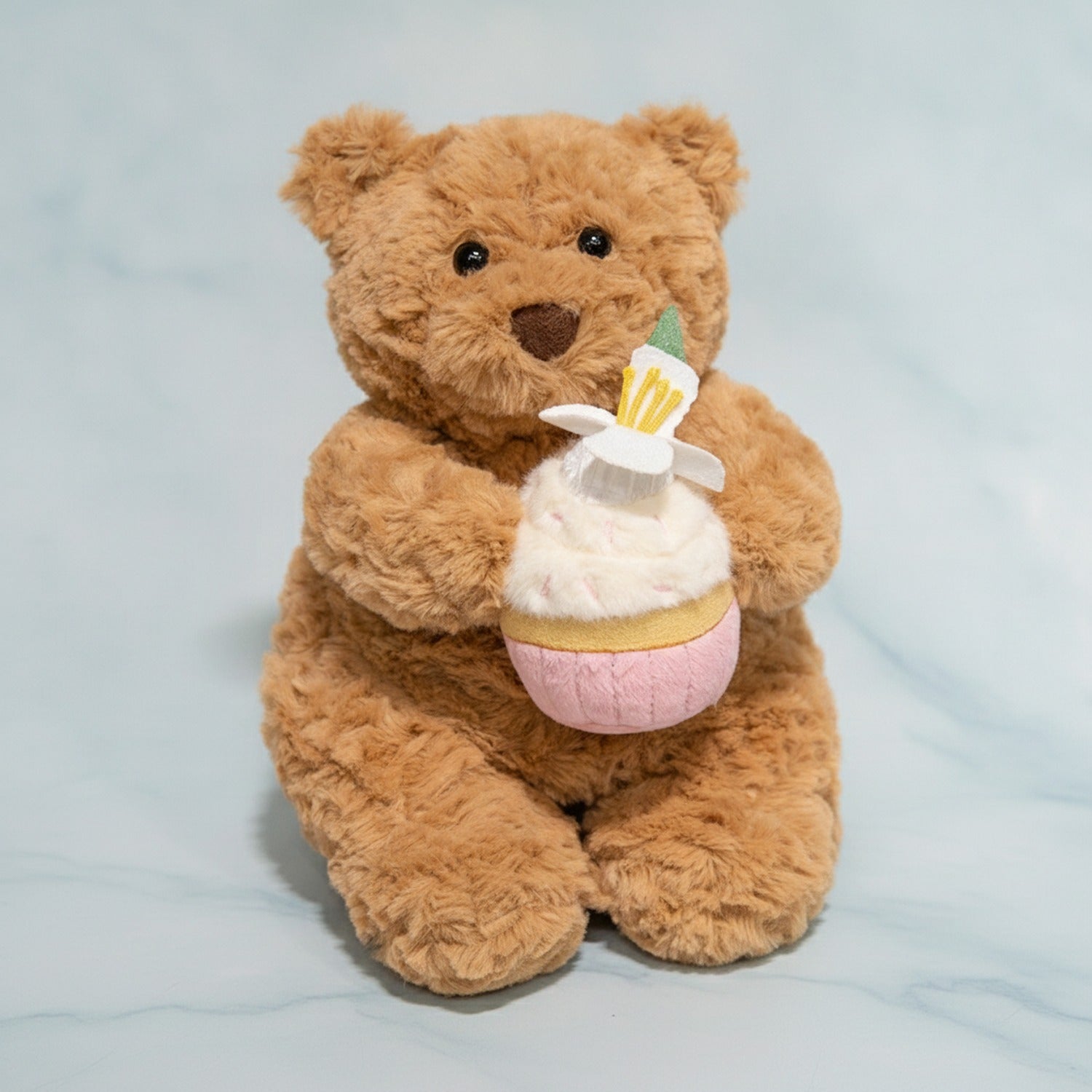 Tan Teddy Bear Plush With Birthday Cupcake