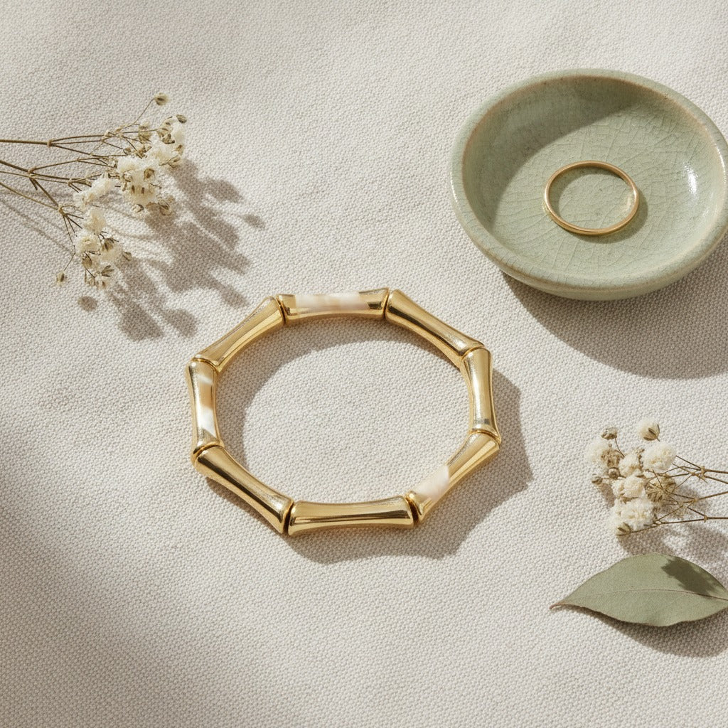 Gold Bamboo Segmented Bangle Bracelet