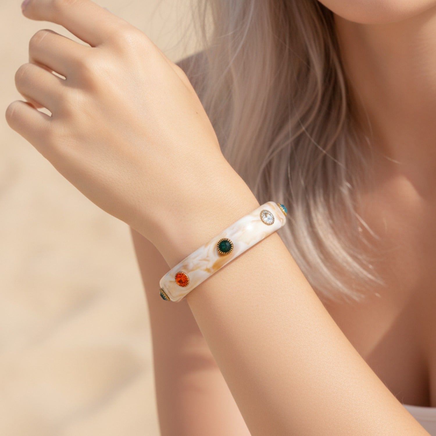 Marble Resin Bangle Bracelet With Gemstone Accents