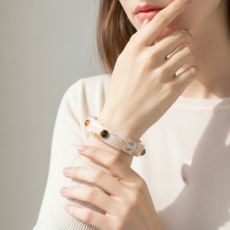 Marble Resin Bangle Bracelet With Gemstone Accents – jewelry (view 3)