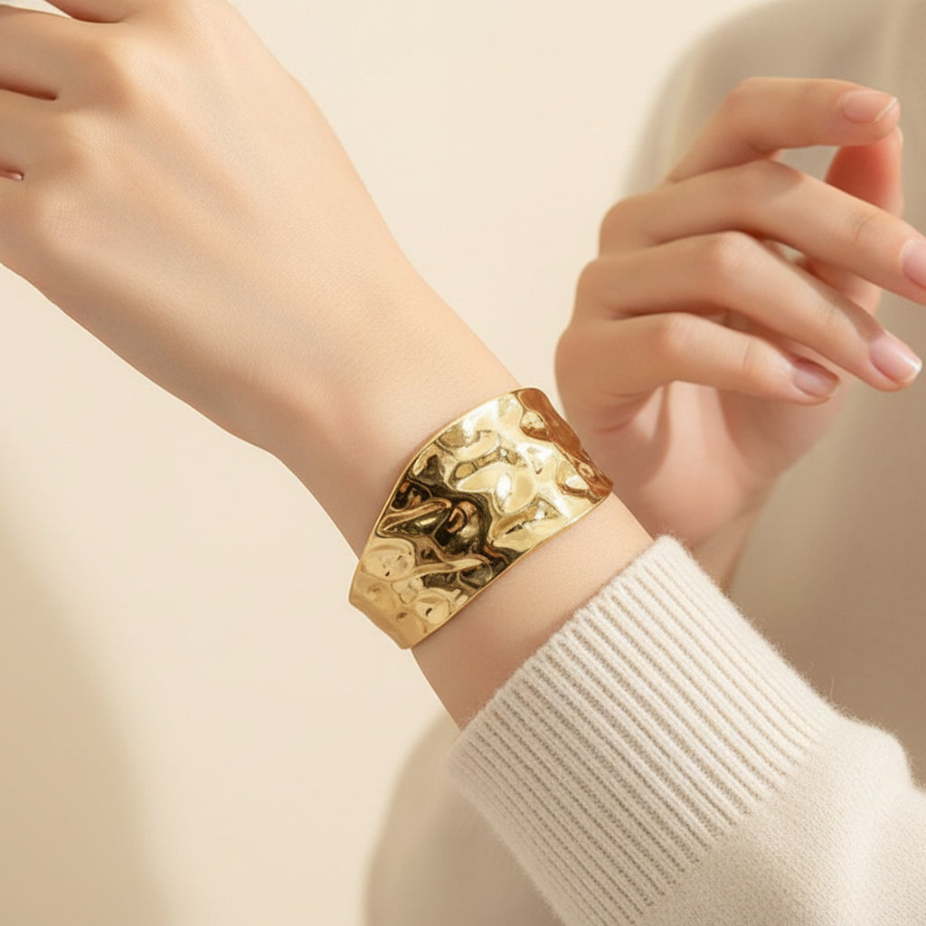 Gold Textured Cuff Bracelet Wide Band