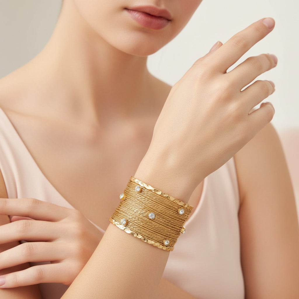 Gold Textured Rhinestone Cuff Bracelet