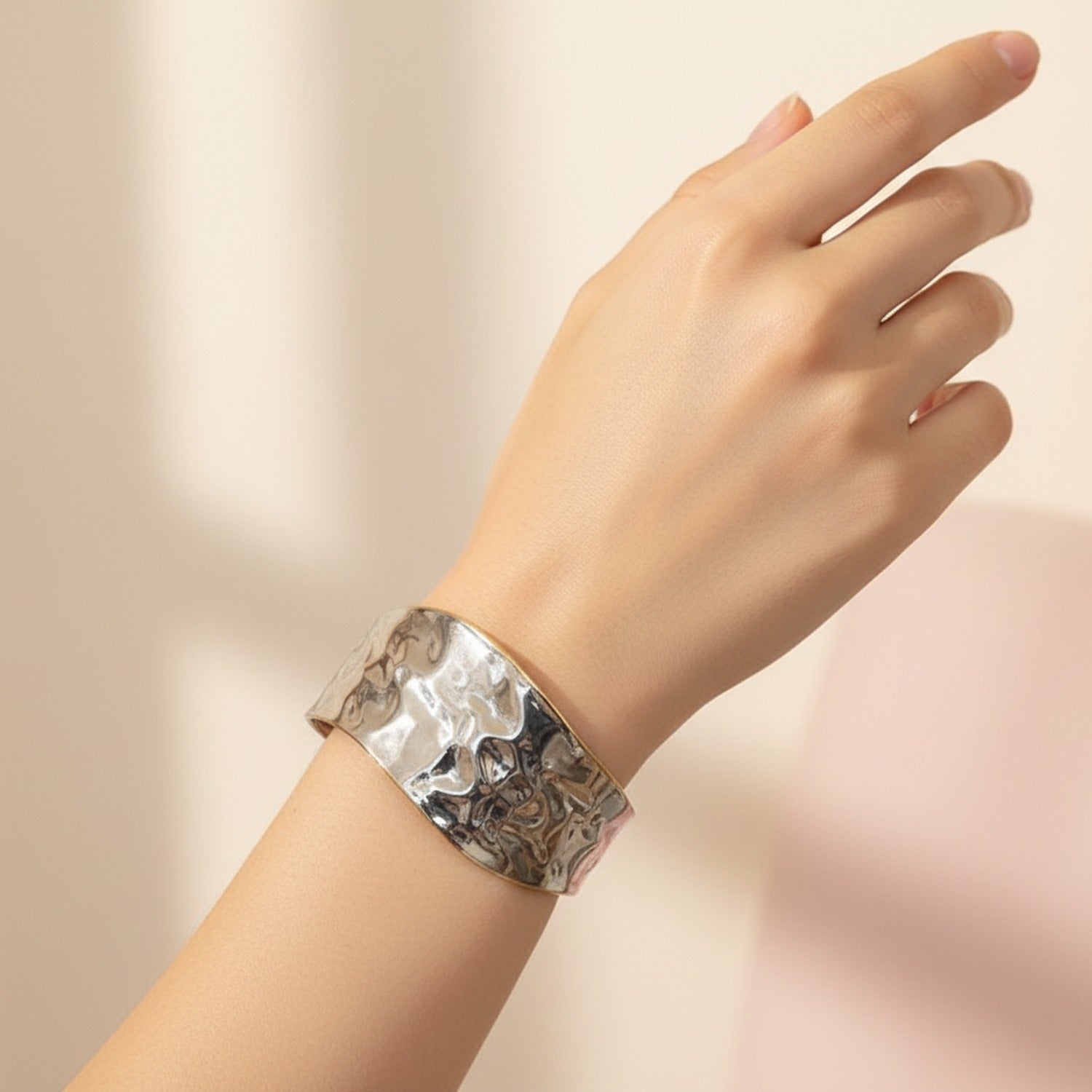 Silver Feather Cuff Bracelet With Gold Trim