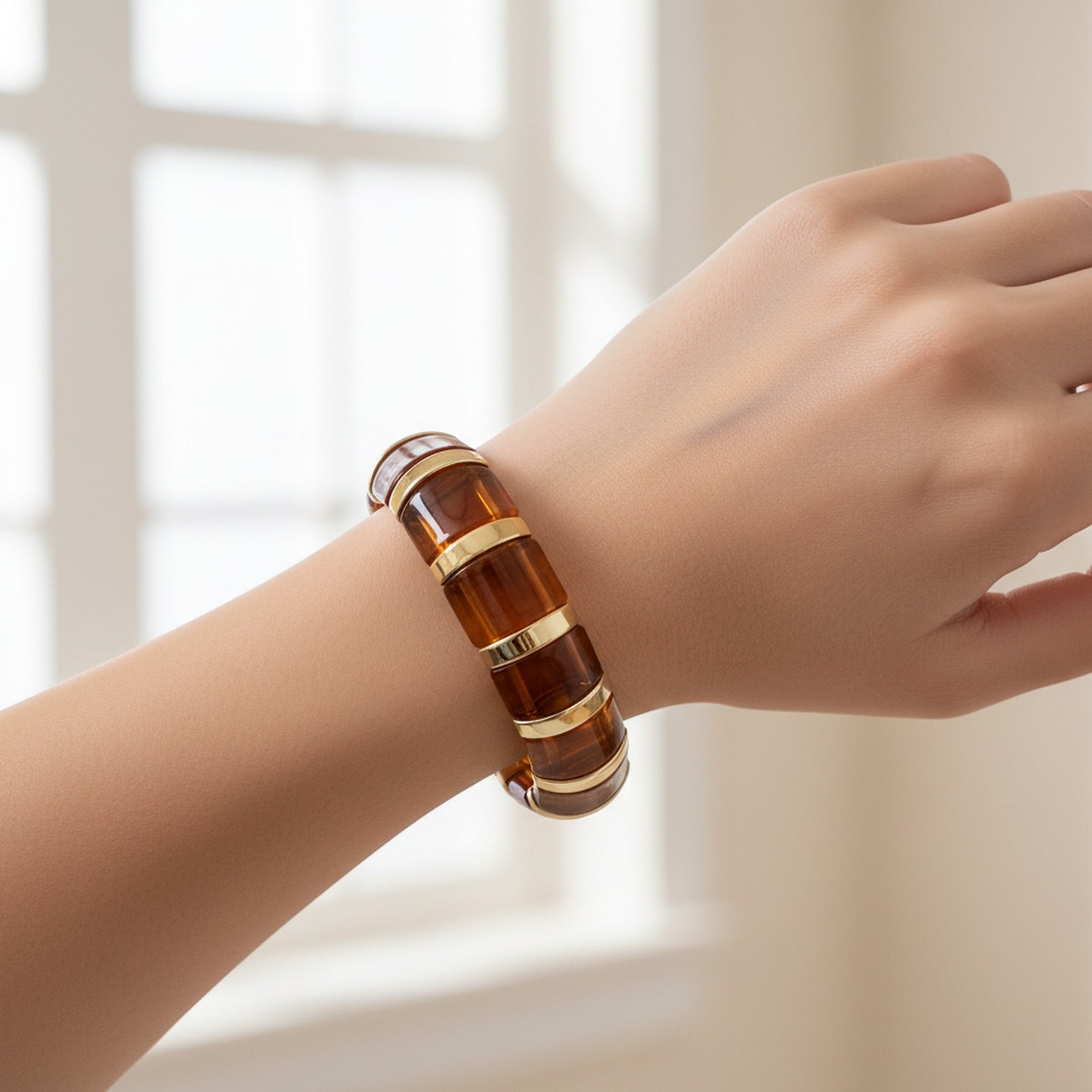 Amber Tiger Eye Gold Segmented Stretch Bracelet