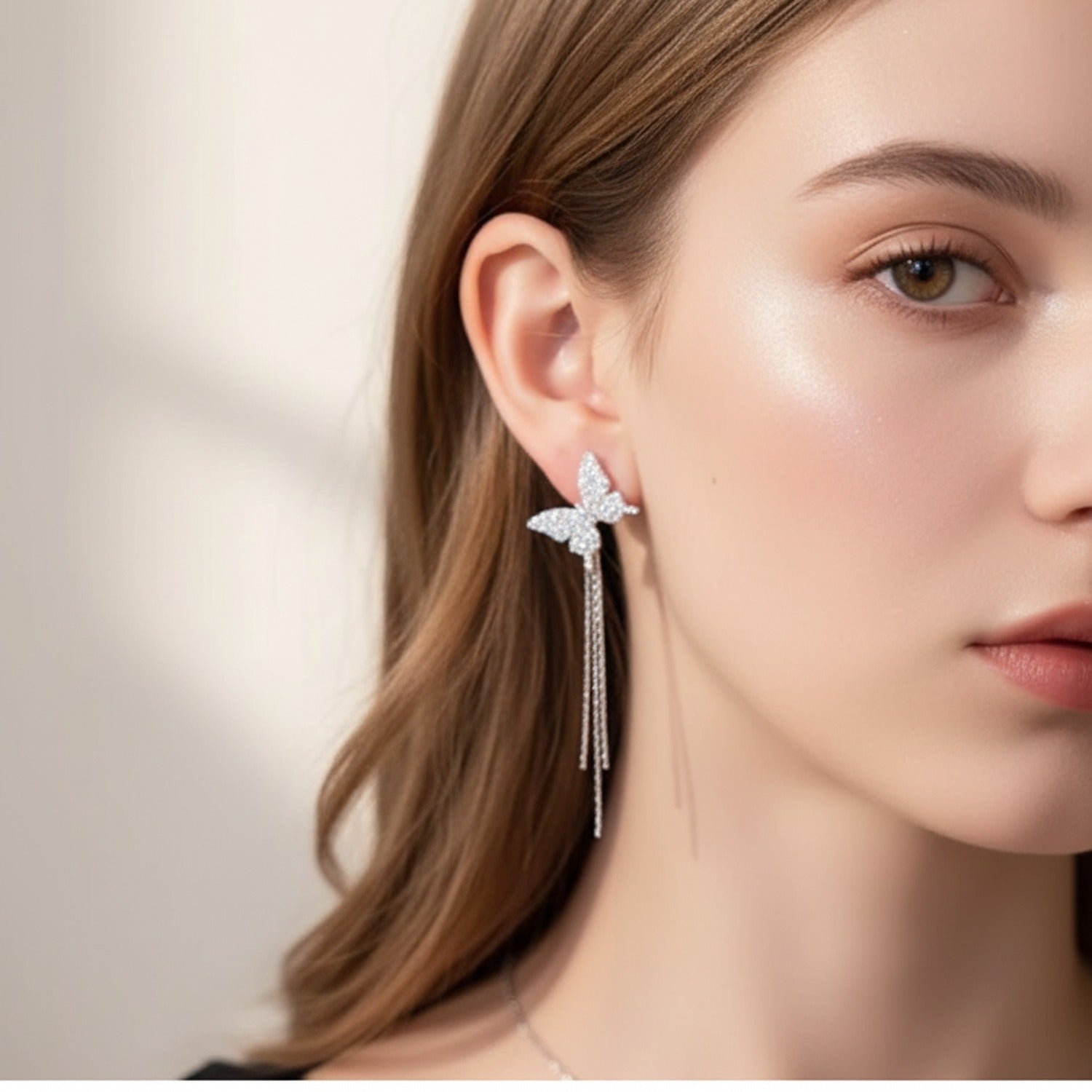 Butterfly Rhinestone Chain Drop Earrings Silver