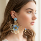 Blue And Gold Flower Dangle Earrings