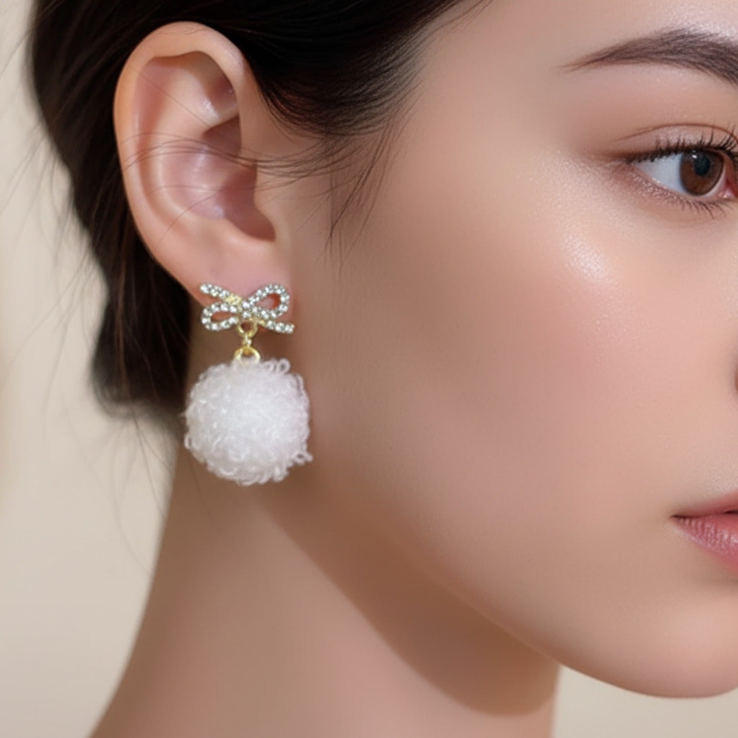 White Pom Pom Bow Rhinestone Drop Earrings