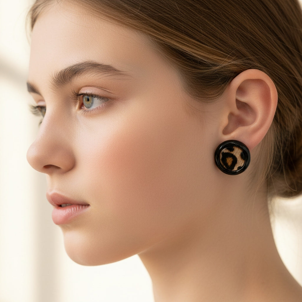 Leopard Print Black Circle Stud Earrings