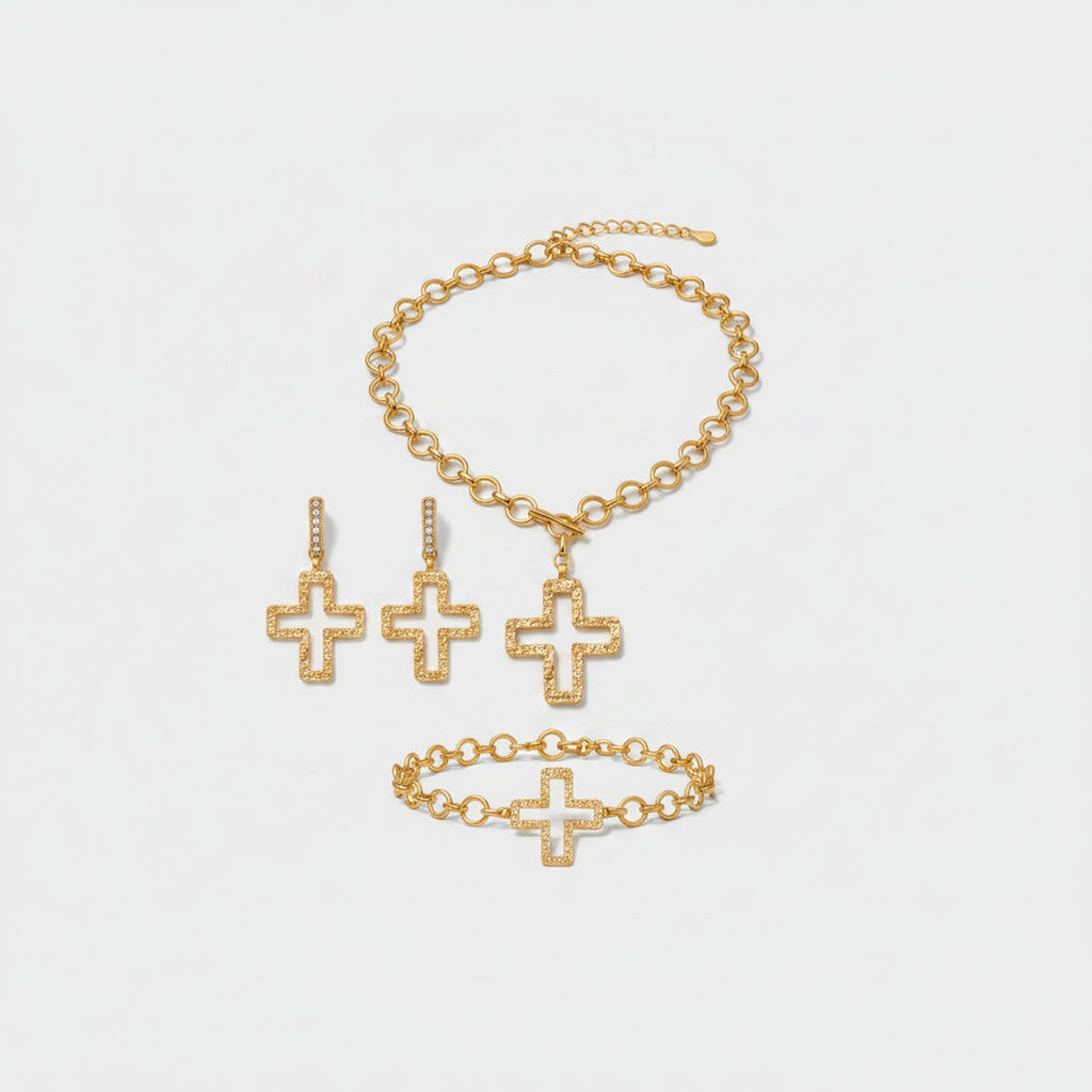 Gold Cross Charm Bracelet & Earring Set