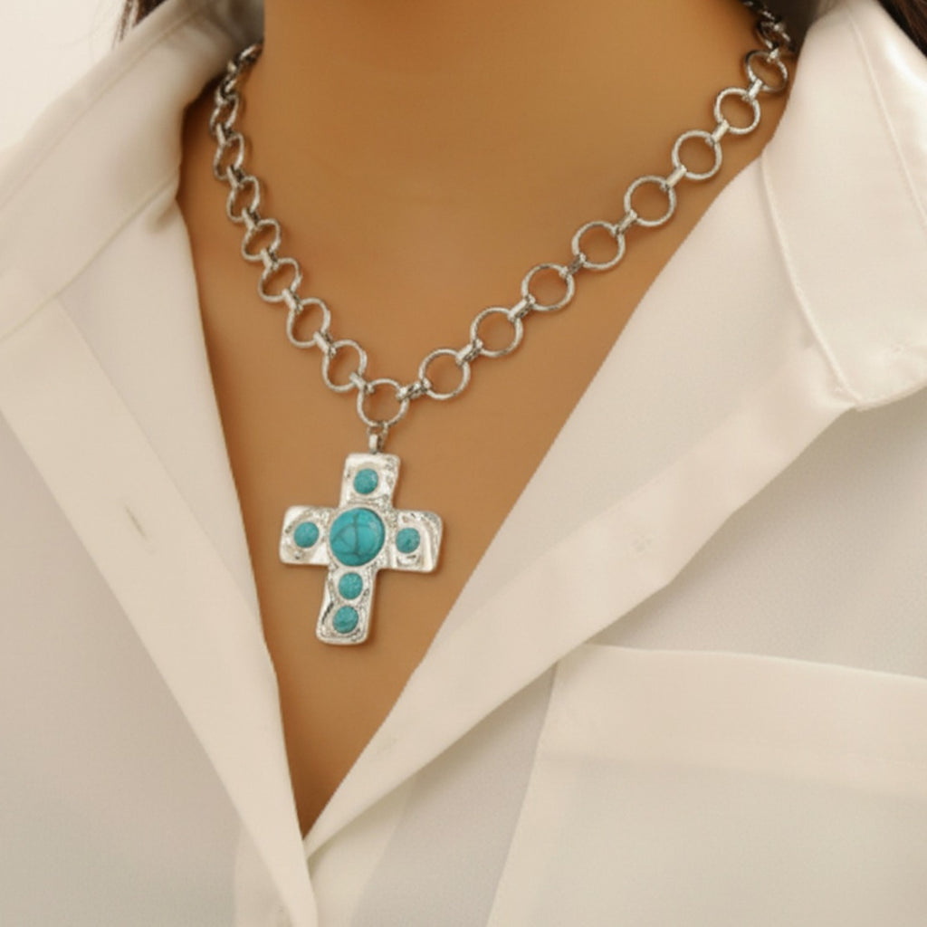 Turquoise Cross Pendant Chain Necklace Earring Set