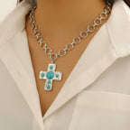 Turquoise Cross Pendant Chain Necklace Earring Set
