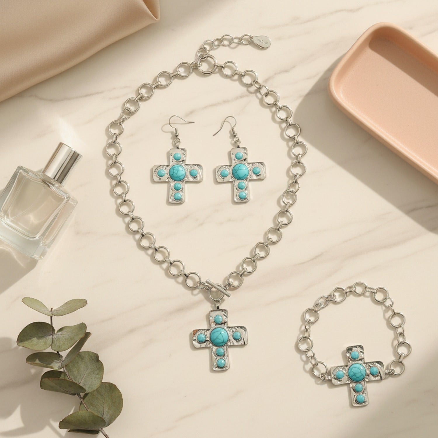 Turquoise Cross Pendant Chain Necklace Earring Set – jewelry (view 2)