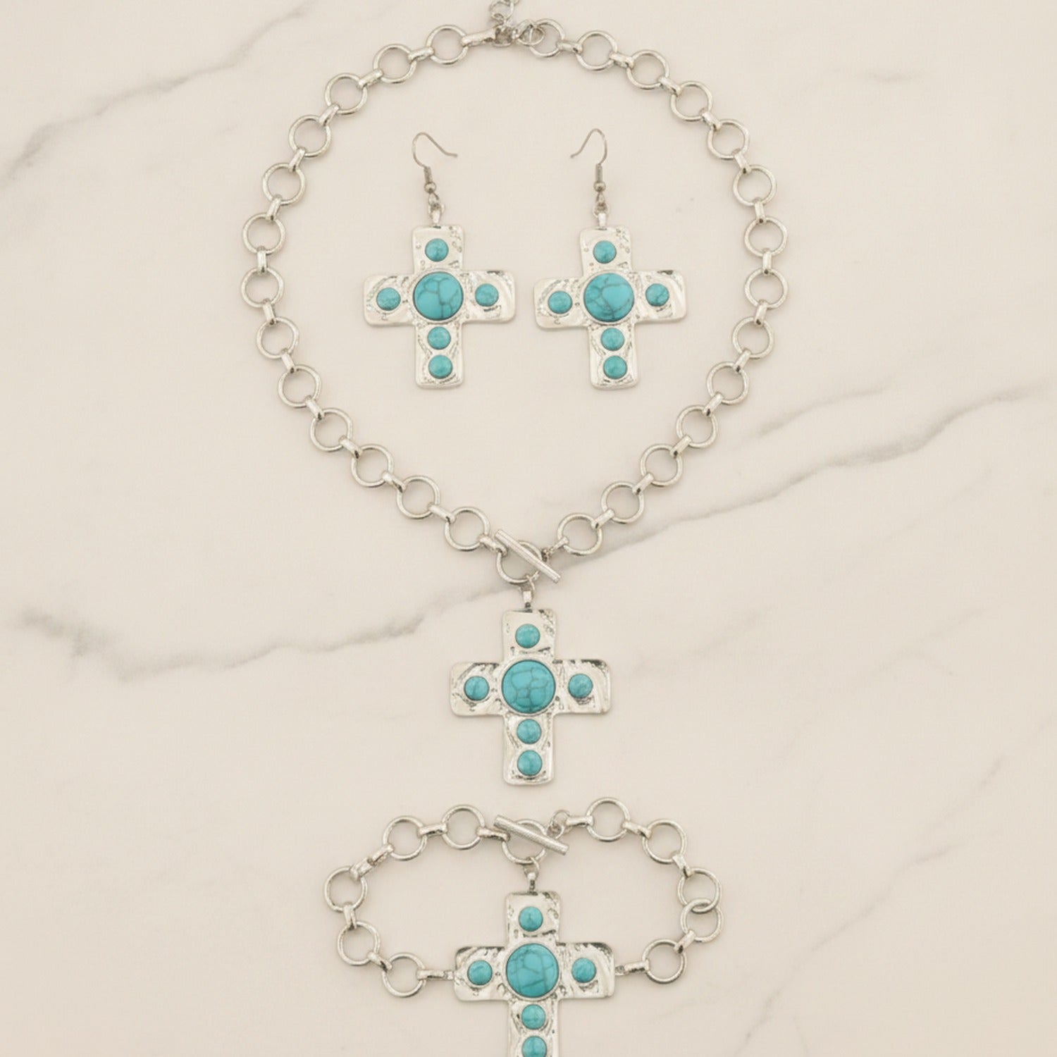 Turquoise Cross Pendant Chain Necklace Earring Set