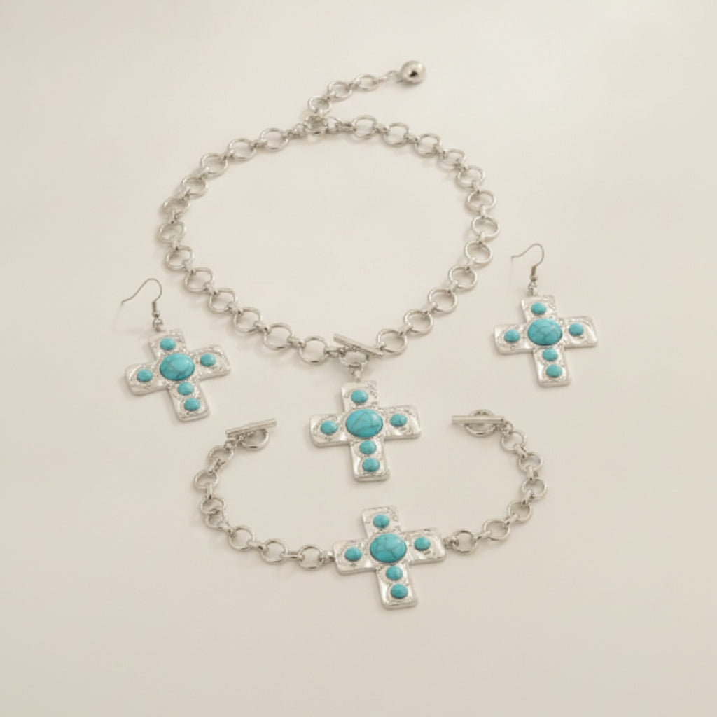 Turquoise Cross Pendant Chain Necklace Earring Set – jewelry (view 1)