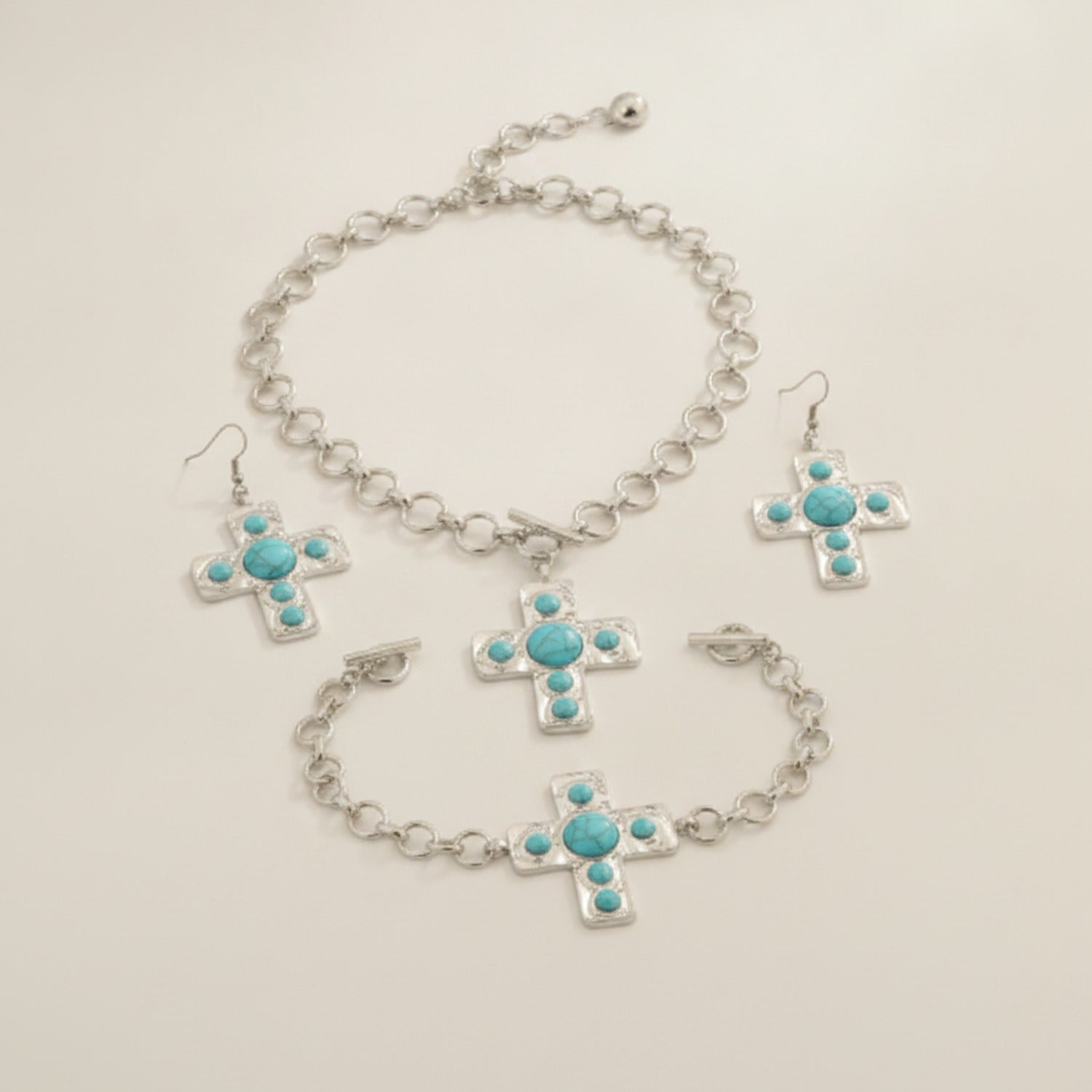 Turquoise Cross Pendant Chain Necklace Earring Set