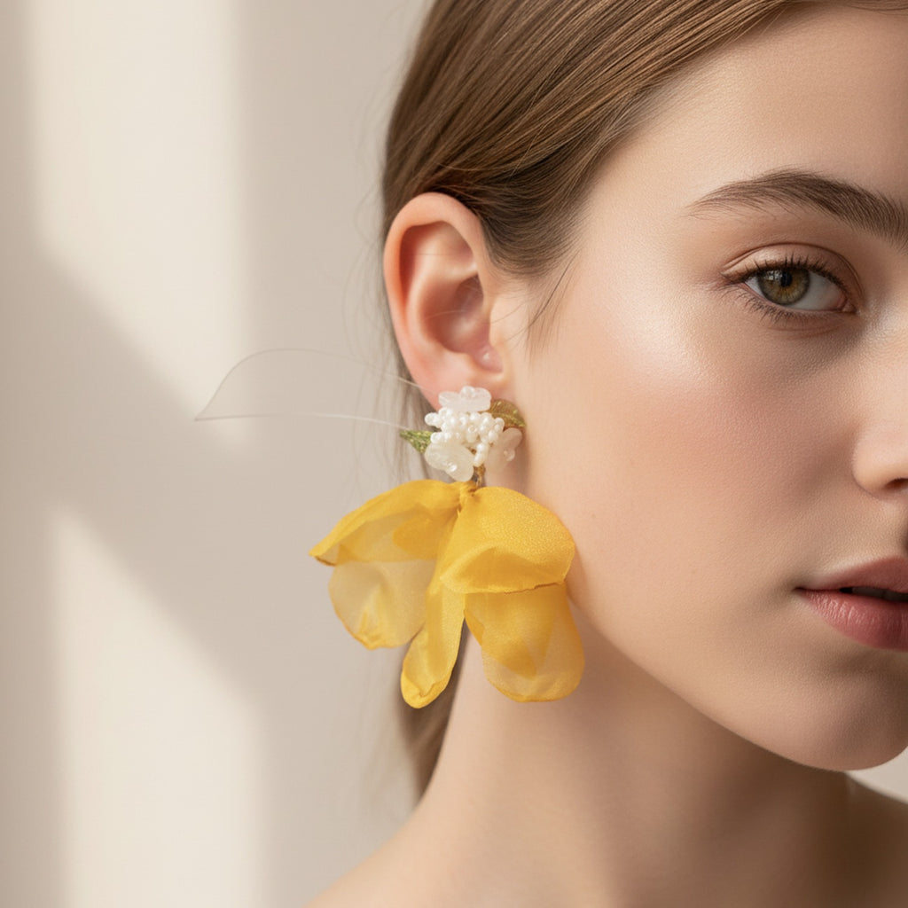 Yellow Flower Pearl Beaded Statement Earrings