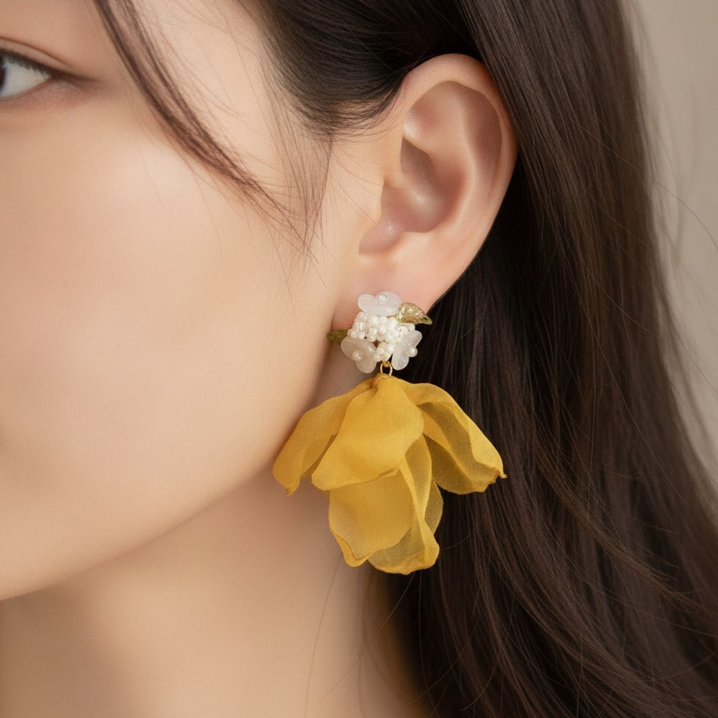 Yellow Flower Pearl Beaded Statement Earrings – jewelry