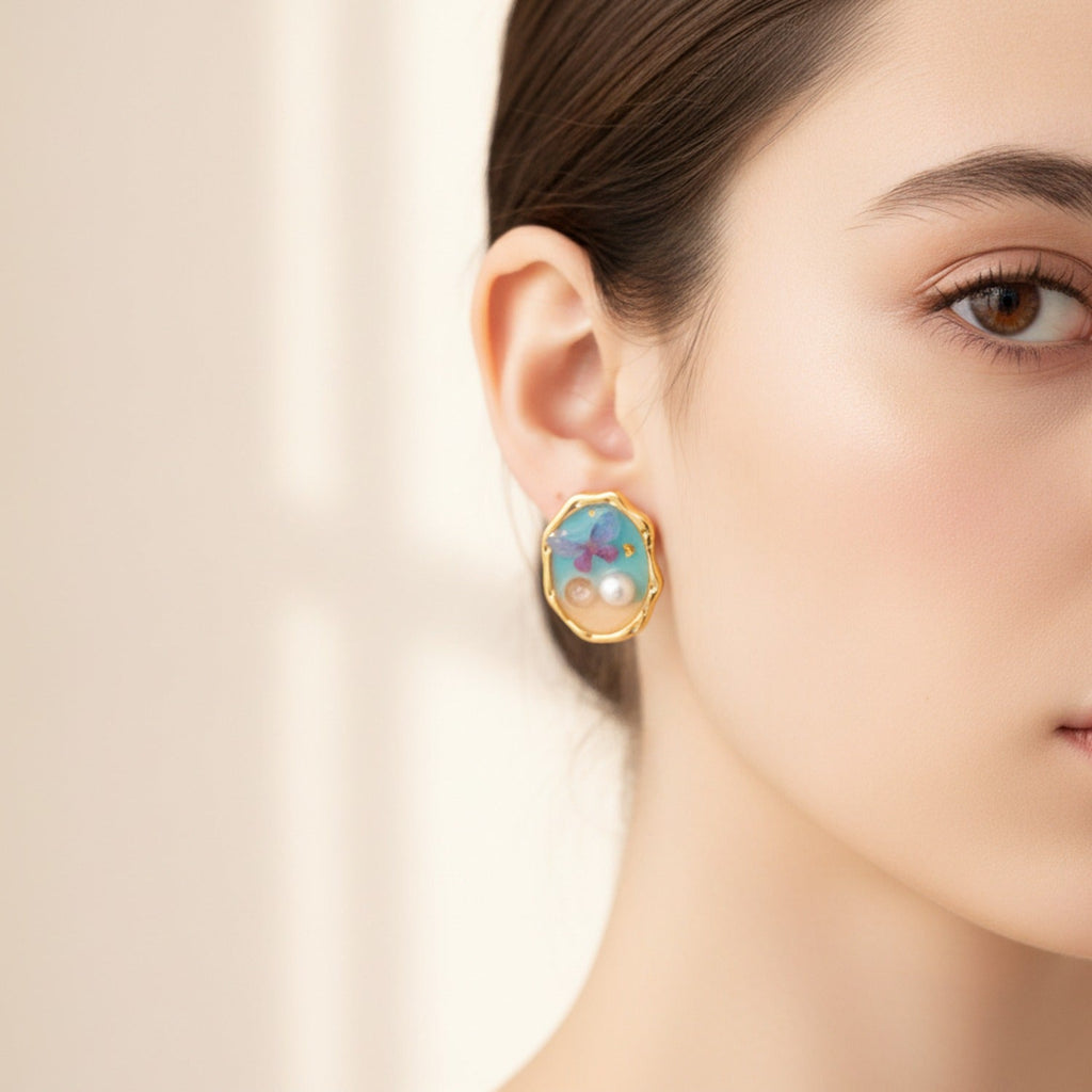 Pearl Flower Enamel Oval Stud Earrings - Jianyou Accessories 2 – jewelry (view 2)