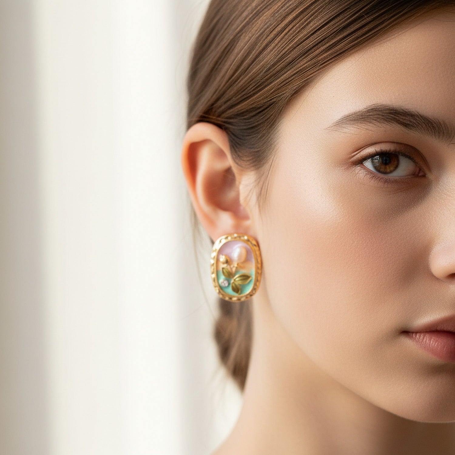 Pearl Flower Enamel Oval Stud Earrings