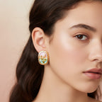 Pearl Flower Enamel Oval Stud Earrings - Jianyou Accessories