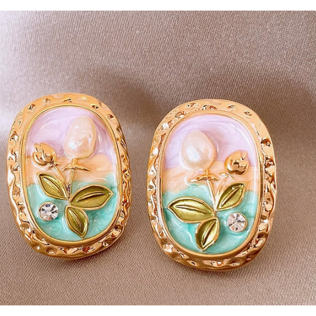 Pearl Flower Enamel Oval Stud Earrings - Jianyou Accessories