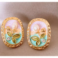 Pearl Flower Enamel Oval Stud Earrings - Jianyou Accessories