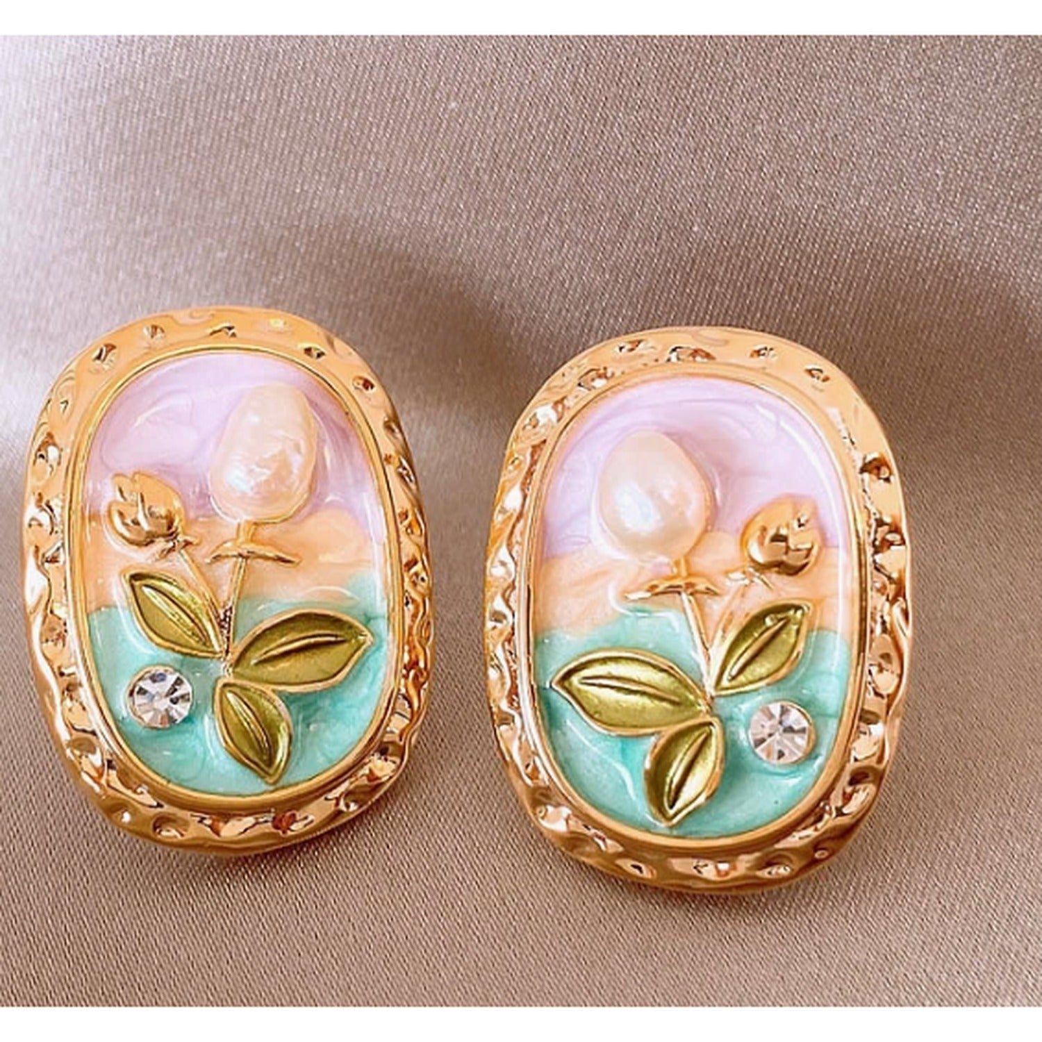 Pearl Flower Enamel Oval Stud Earrings - Jianyou Accessories