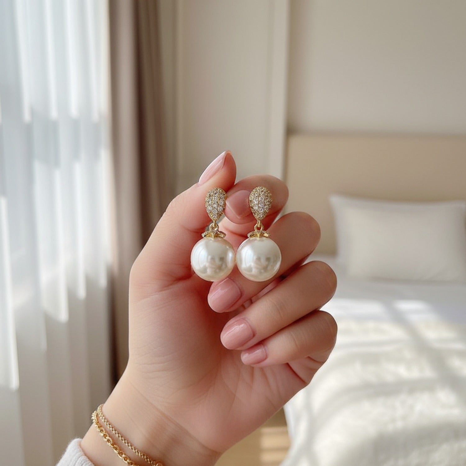 Pearl Drop Earrings With Rhinestone Caps