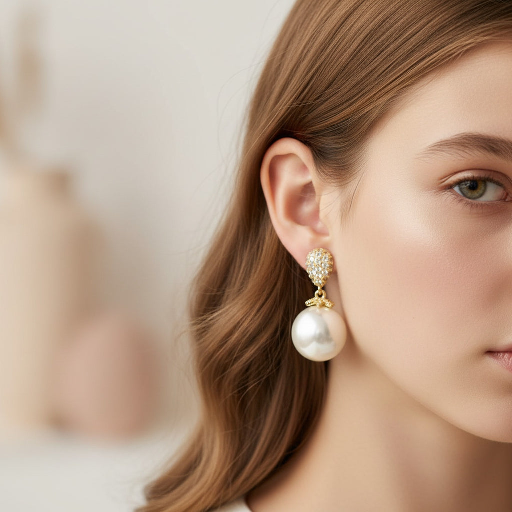 Pearl Drop Earrings With Rhinestone Caps