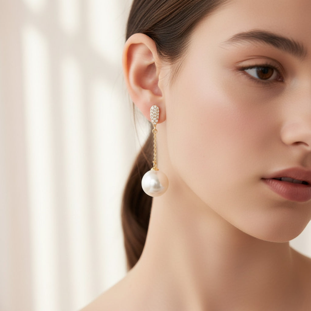 Pearl Drop Chain Dangle Earrings With Rhinestones