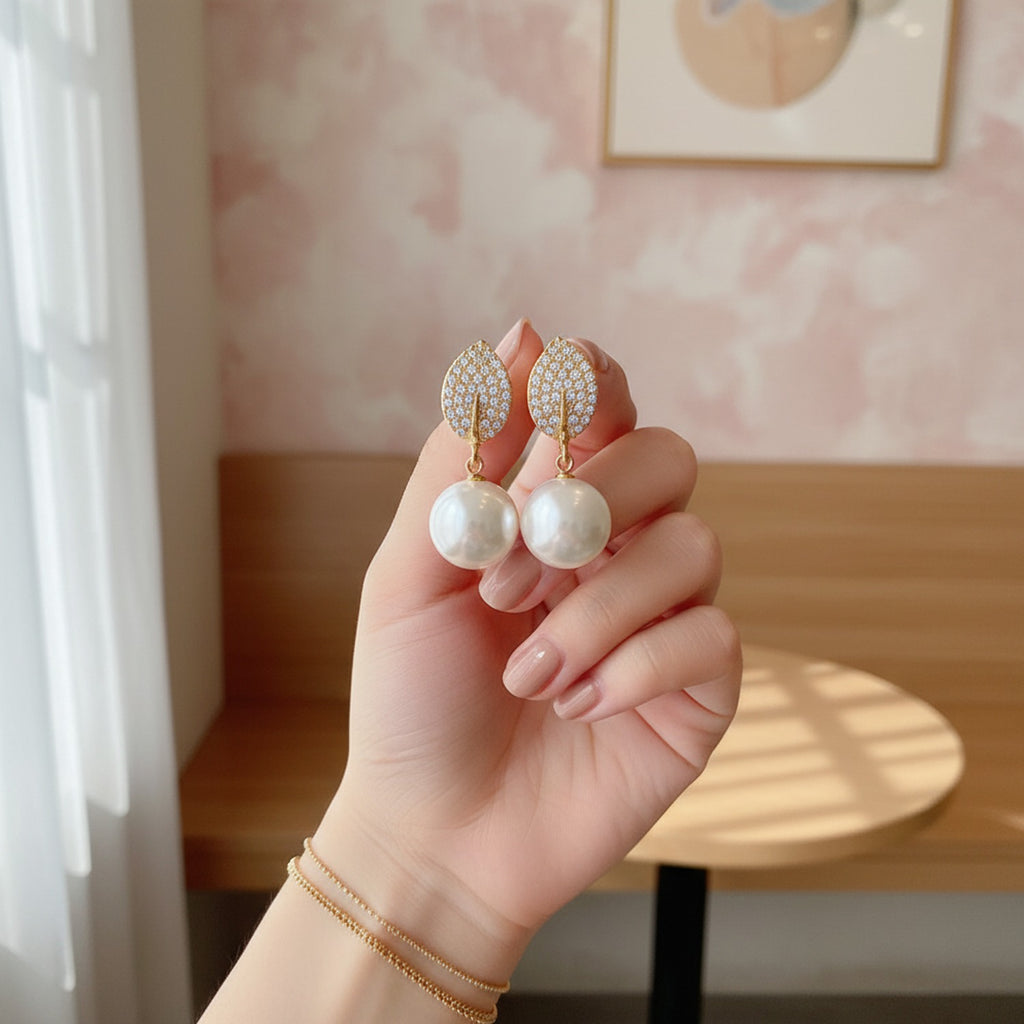 Pearl Drop Earrings With Rhinestone Leaf Studs