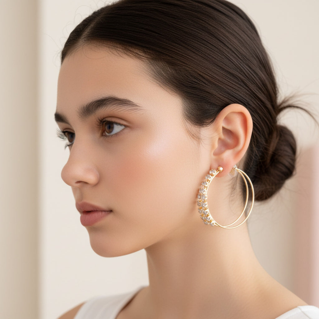 Gold Rhinestone Hoop Earrings with Cross Detail