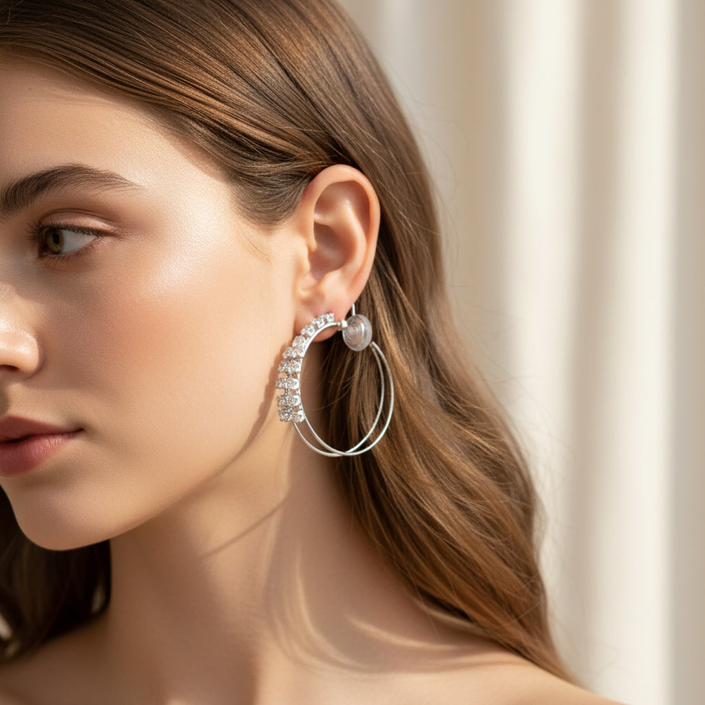 Gold Rhinestone Hoop Earrings with Cross Detail
