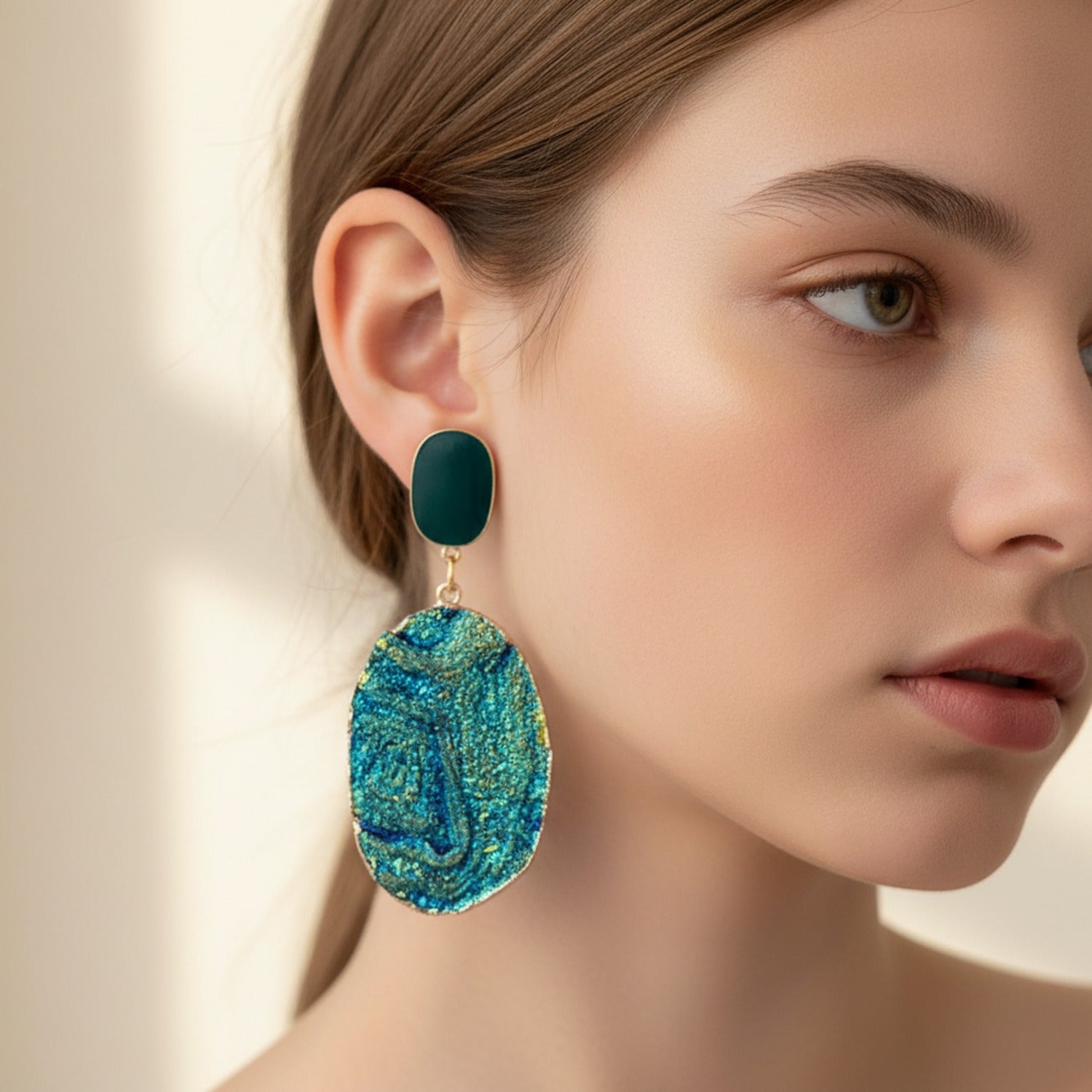 Teal Blue Oval Textured Drop Earrings
