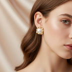 Pearl Dome Squared Gold Stud Earrings