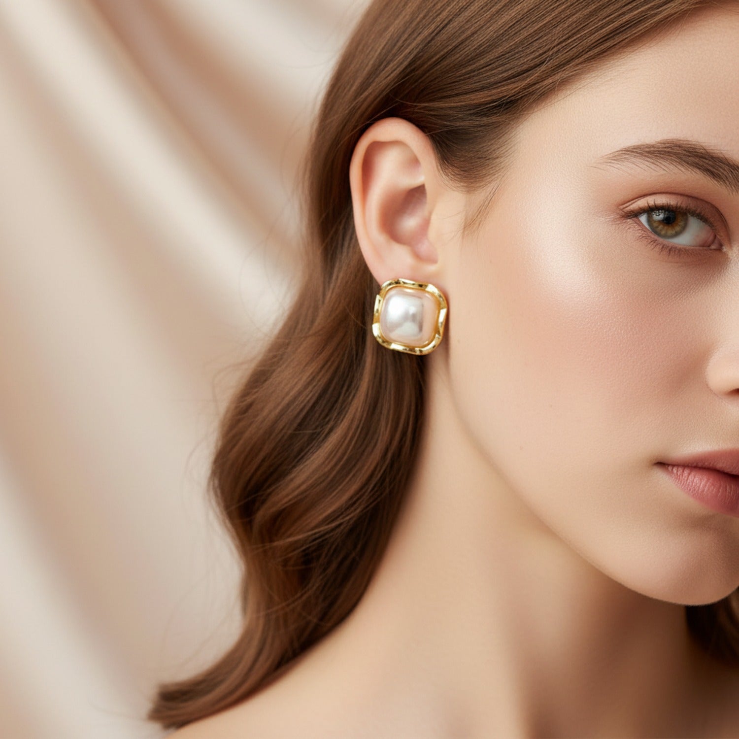 Pearl Dome Squared Gold Stud Earrings