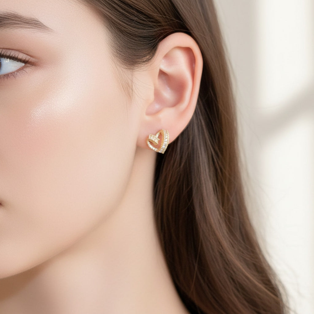 Gold Heart Rhinestone Stud Earrings