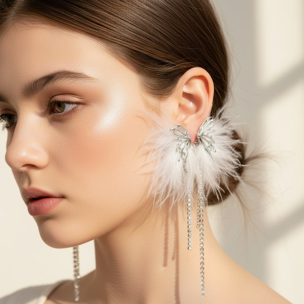 White Feather Butterfly Rhinestone Drop Earrings