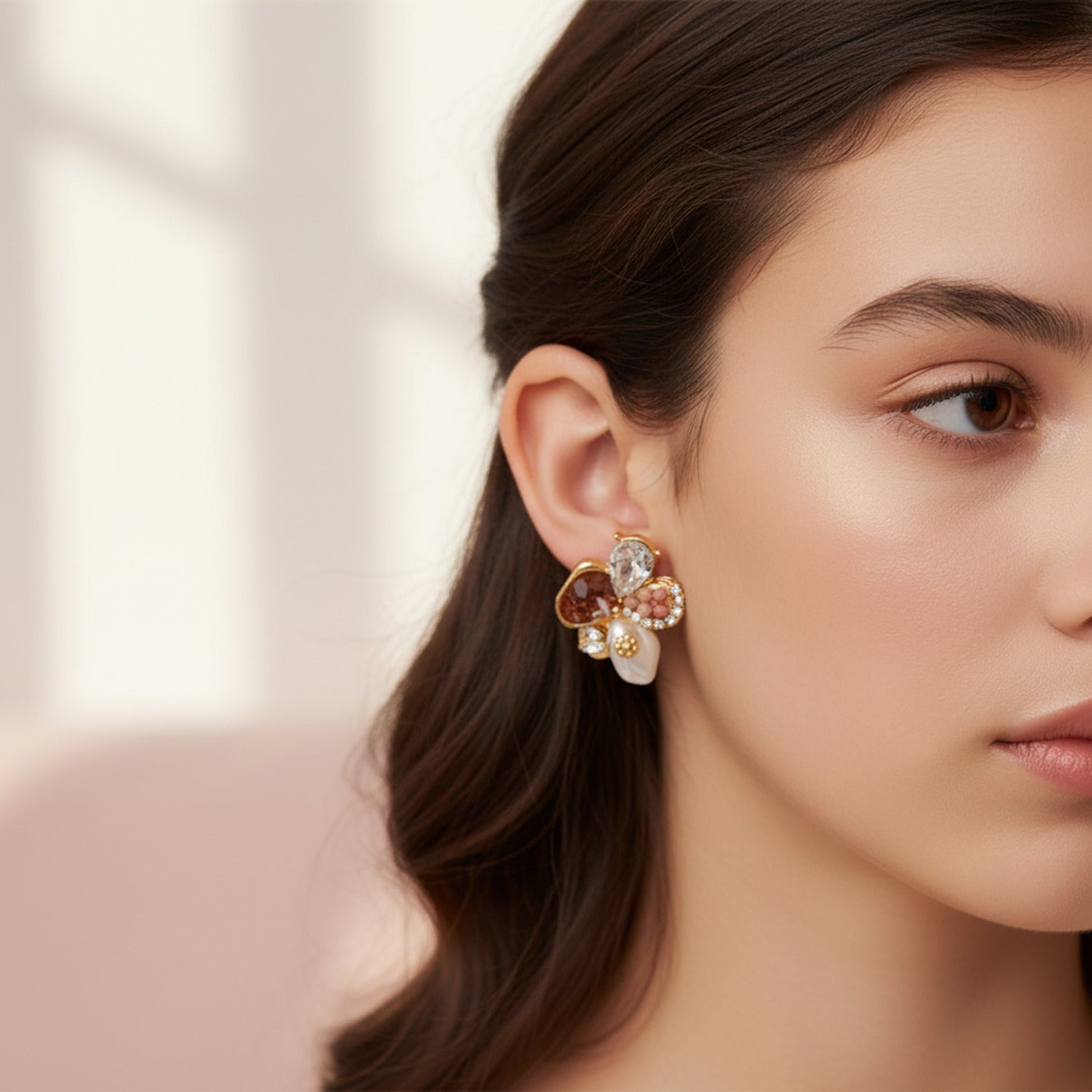 Flower Pearl Heart Gemstone Earrings Gold