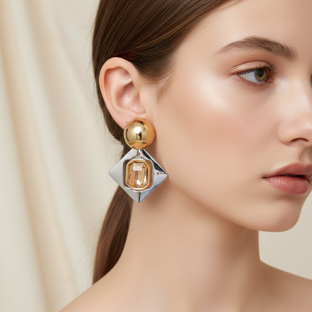 Gold Ball Stud Earrings With Champagne Crystal