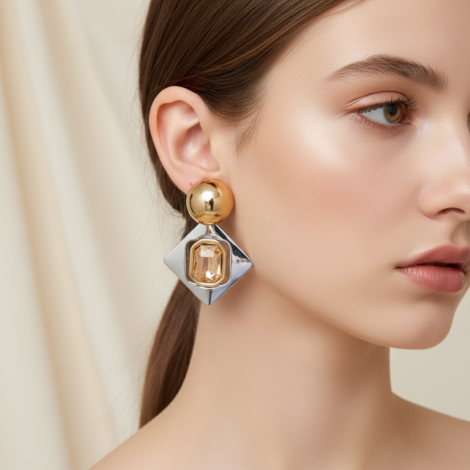 Gold Ball Stud Earrings With Champagne Crystal