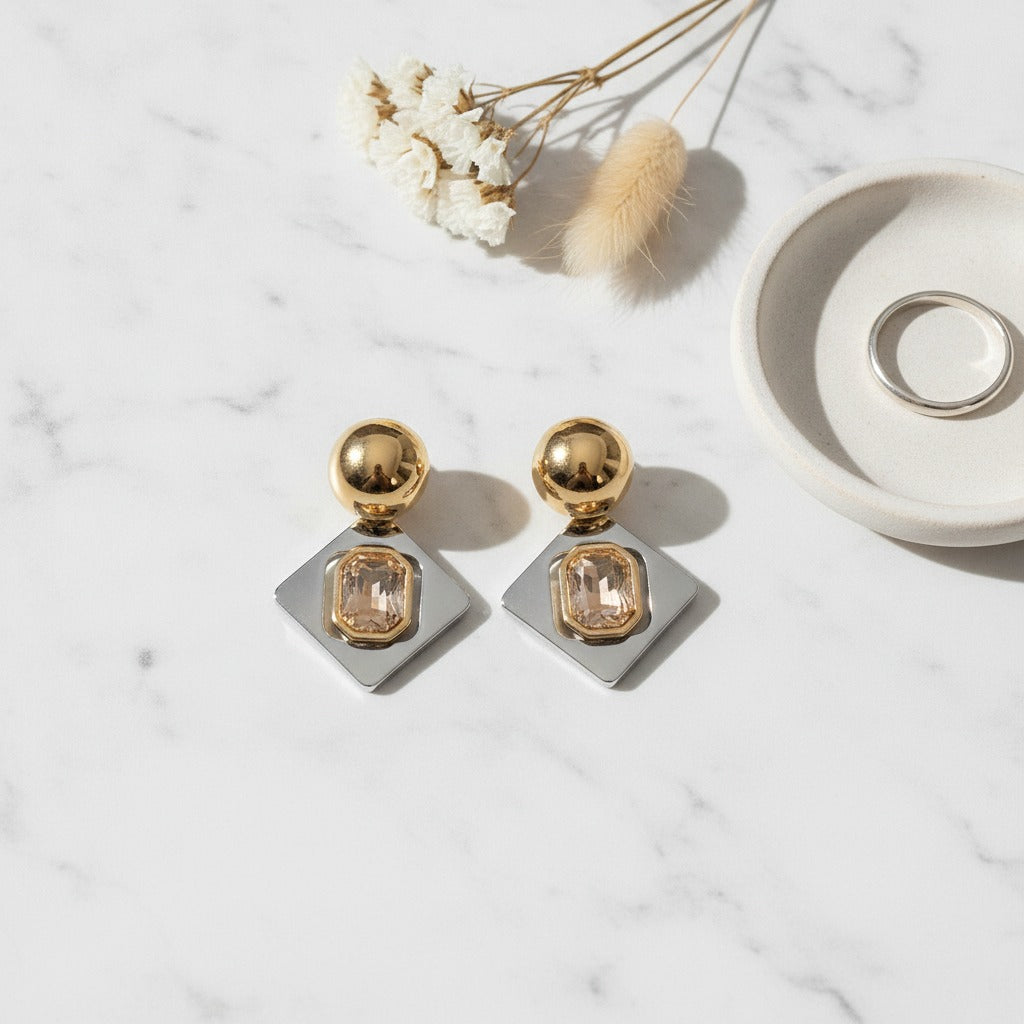 Gold Ball Stud Earrings With Champagne Crystal – jewelry (view 2)