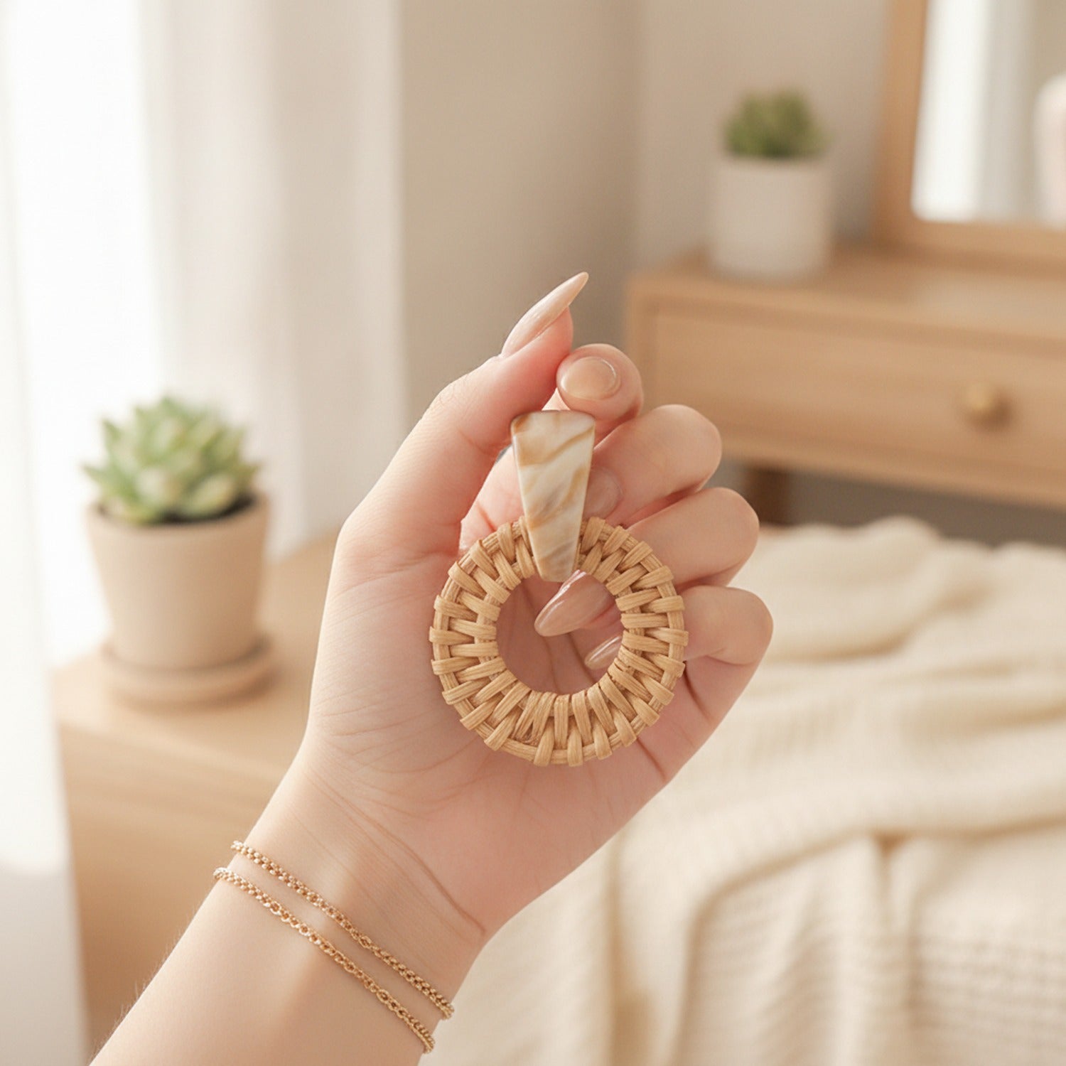 Woven Rattan Circle Drop Earrings