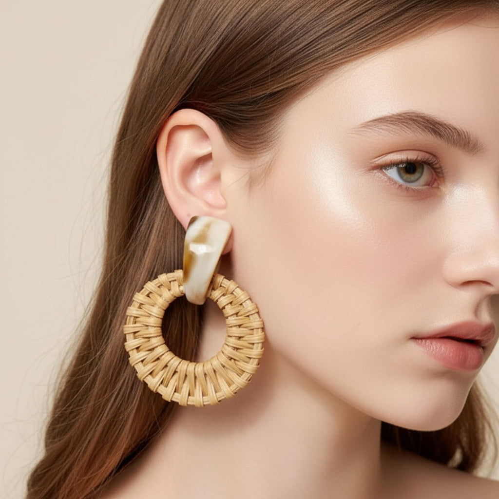 Woven Rattan Circle Drop Earrings