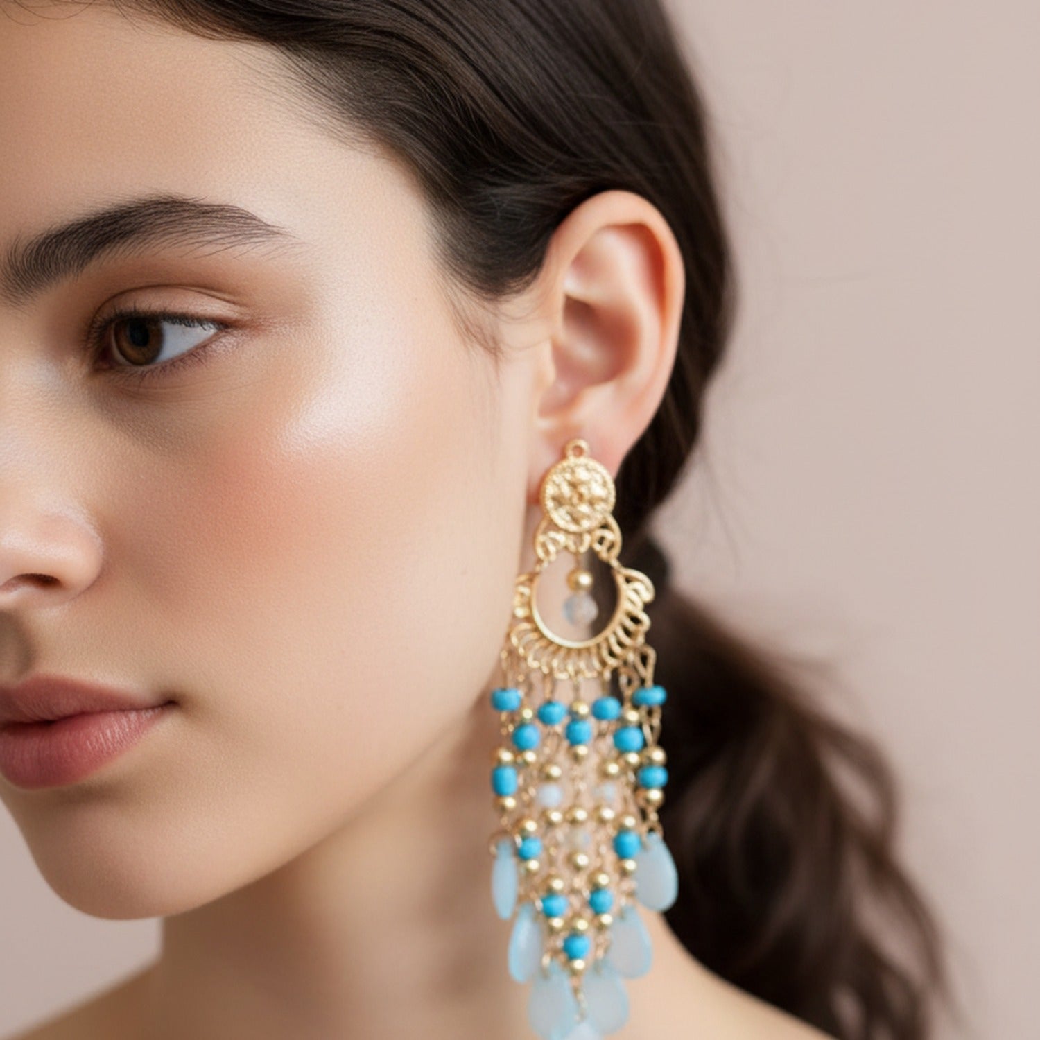 Turquoise Beaded Chandelier Drop Earrings