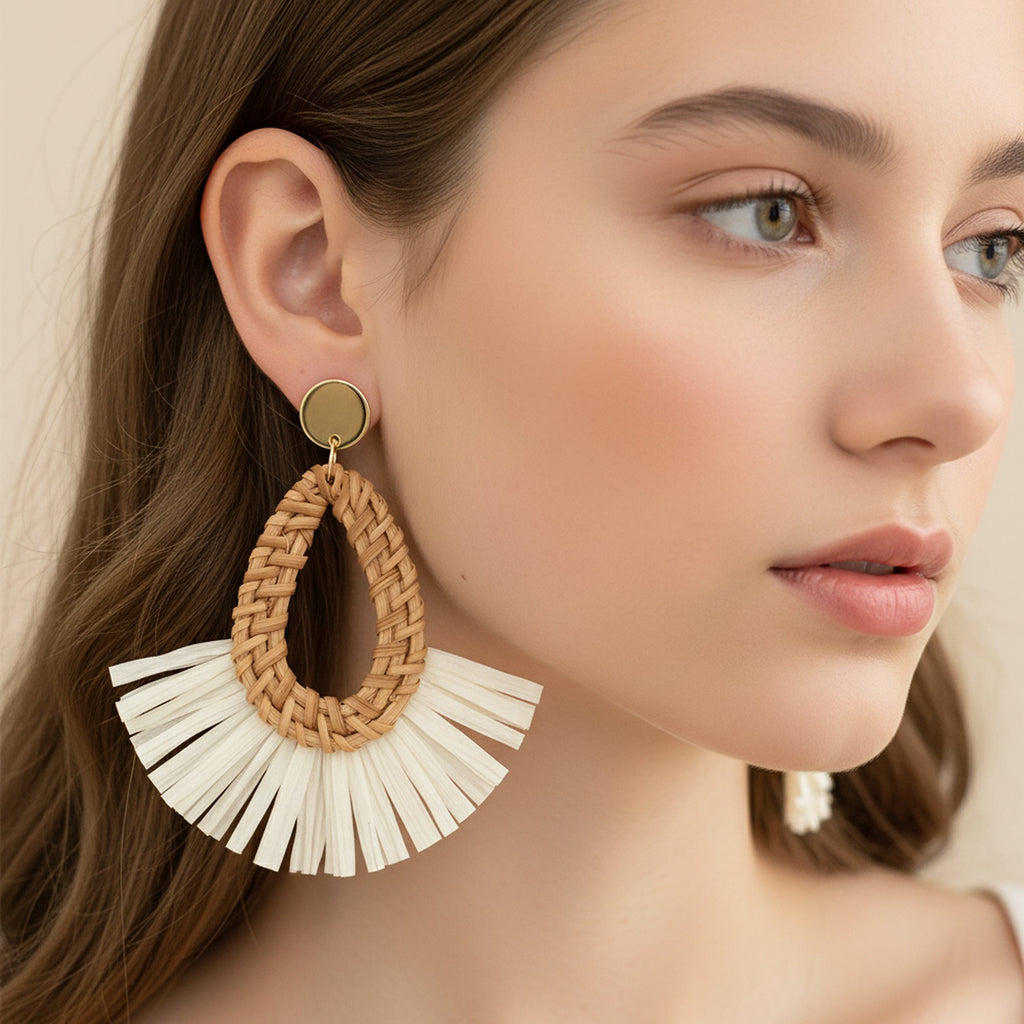 Woven Rattan Teardrop Tassel Earrings