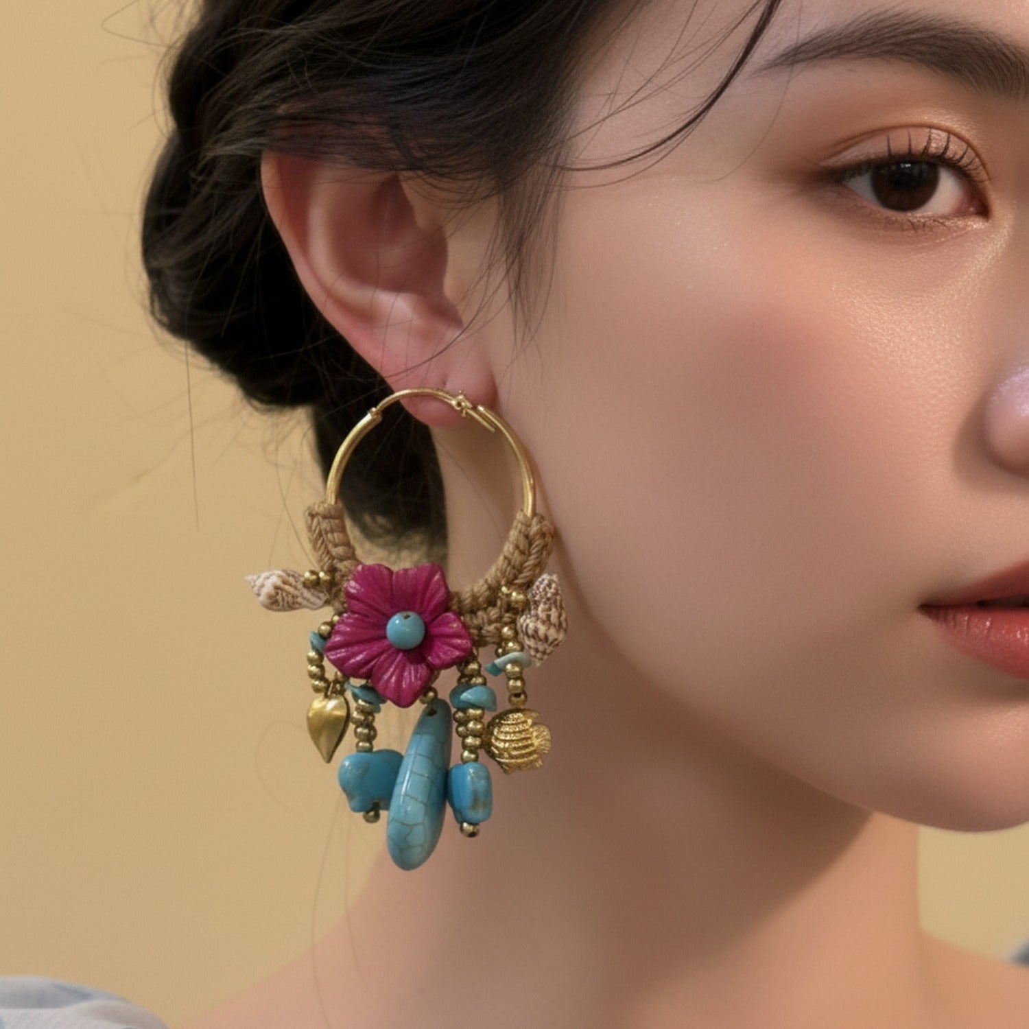 Vintage Gold Flower Charm Dangle Earrings