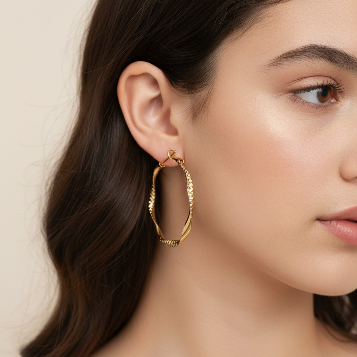 Gold Textured Oval Hoop Earrings